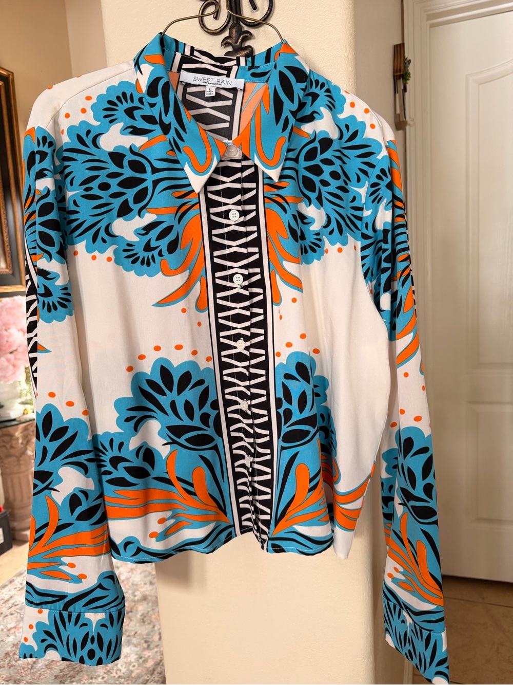 Sweet Rain Colorblock Floral Shirt in Turquoise, Orange & Black